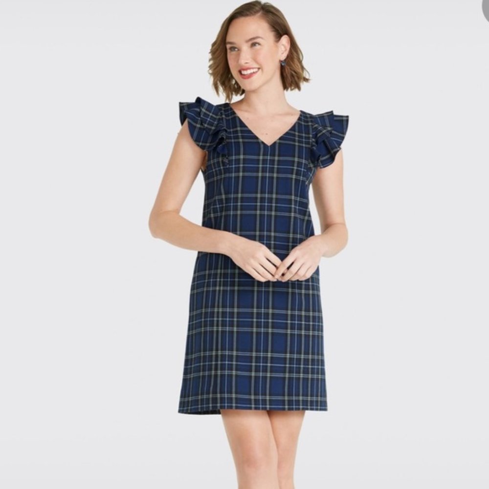 Draper James Blue Plaid Ruffle Shoulder Dress